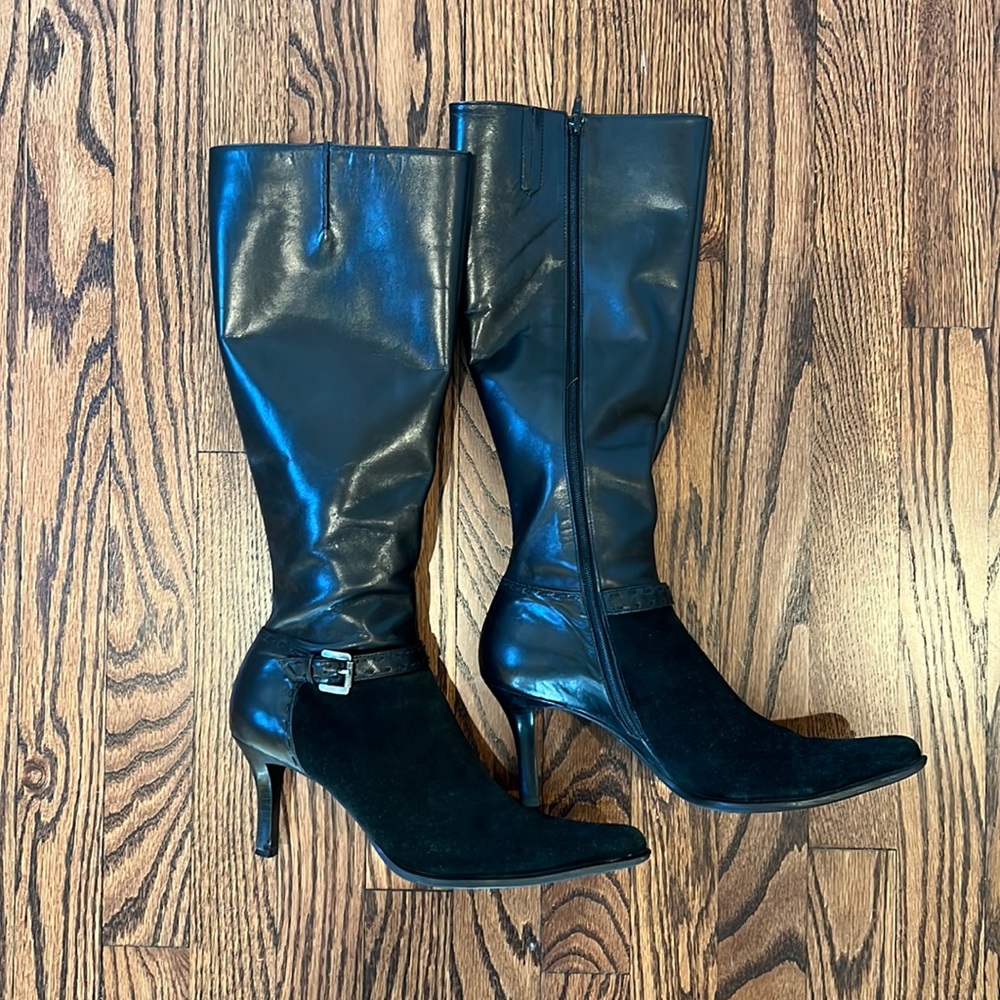 Franco Sarto black leather and suede boots with 3” heel